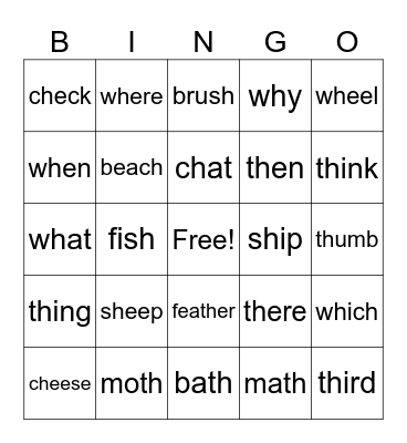 Digraphs: Ch, Sh, Th, Wh Bingo Card