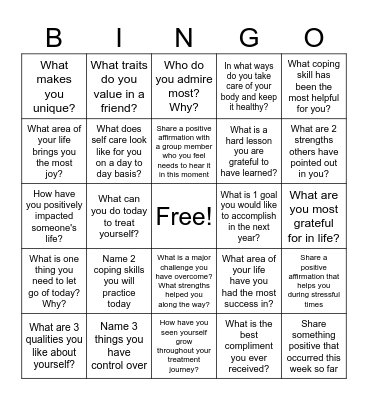 Mental Health Bingo Card