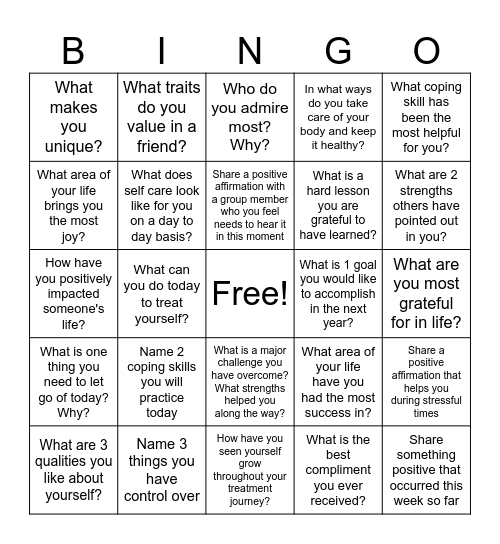 Mental Health Bingo Card