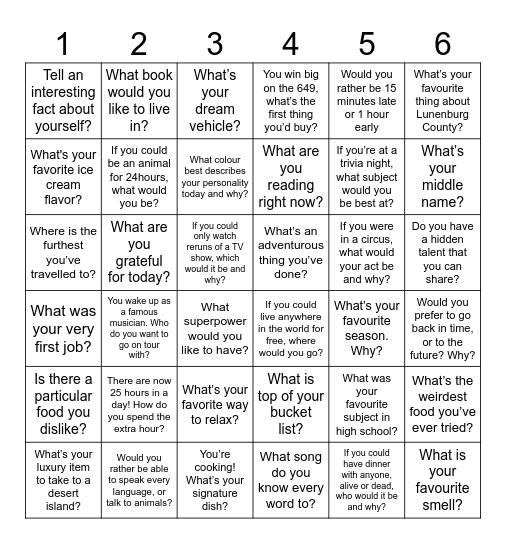 Dicebreaker Bingo Card