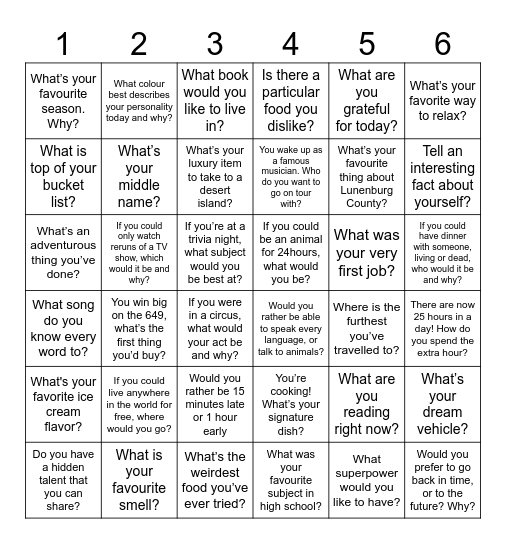 Dicebreaker Bingo Card