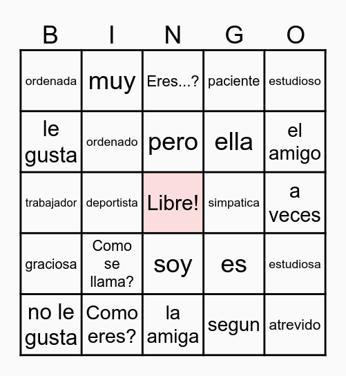 Spanish 1 Vocab. 1B Bingo Card