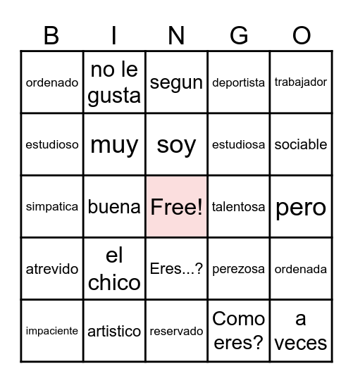 Spanish 1 Vocab. 1B Bingo Card