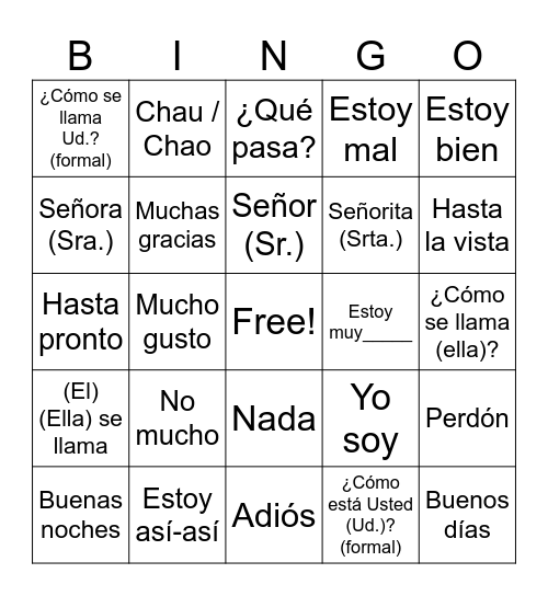 Saludos y Despedidas Bingo Card