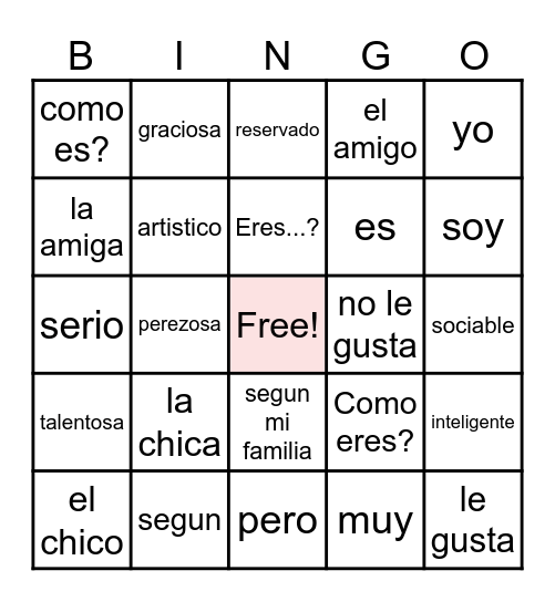 Spanish 1 Vocab. 1B Bingo Card