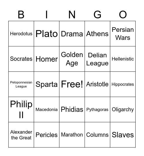 Greek Civilization Jingo #2 Bingo Card