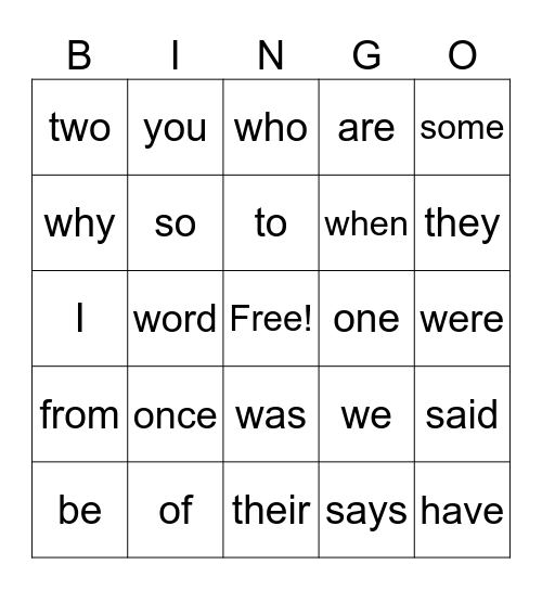 Tricky Word Bingo Card