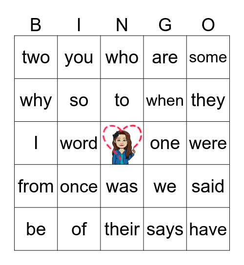 Tricky Word Bingo Card