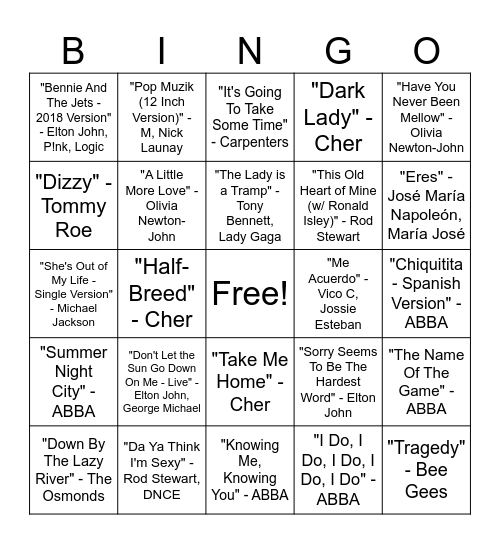 70s Music Bingo Round #1 Bingo Card