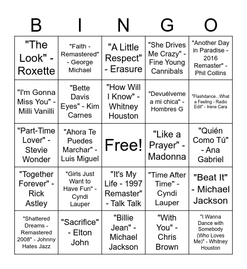 80s Music Bingo Round #2 Bingo Card