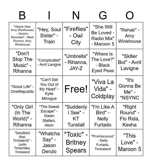 2000s Music Bingo Round #4 Bingo Card