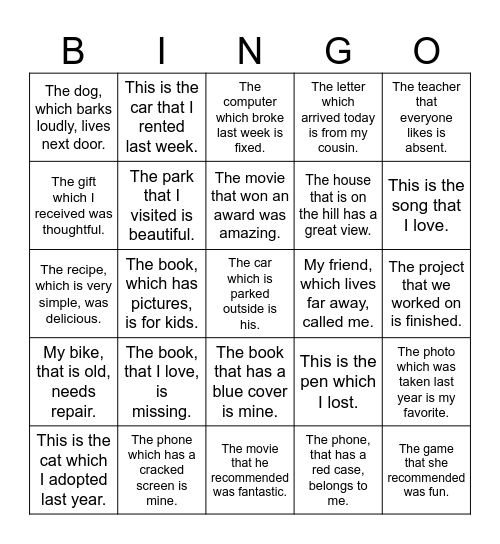 Class 9: Which vs. That Bingo Card