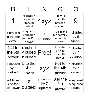 Laws of exponents Bingo Card