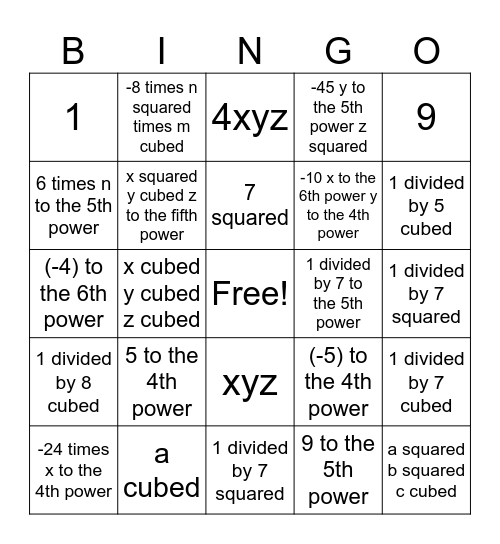 Laws of exponents Bingo Card