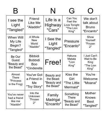 Disney Songs Bingo Card