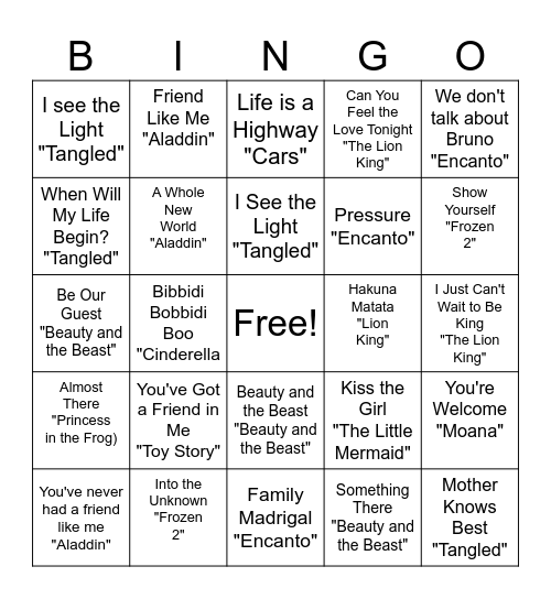 Disney Songs Bingo Card