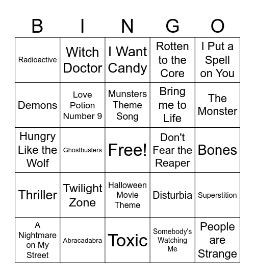 Halloween Songs Bingo Card