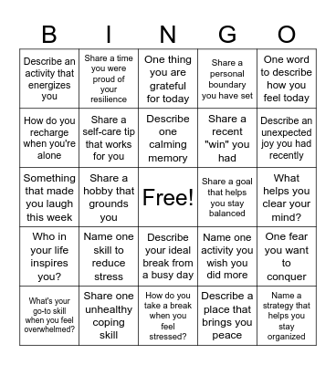 Coping Skills Bingo Card
