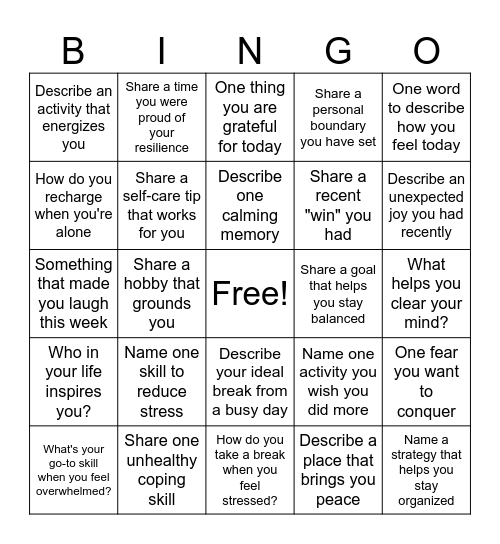 Coping Skills Bingo Card