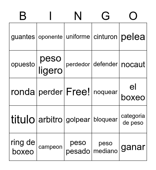 El boxeo Bingo Card