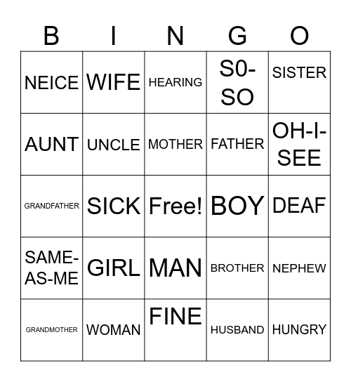 VOCABULARY SIGNS Bingo Card