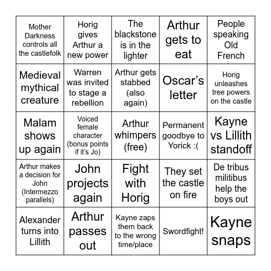 Episode 48 Predictions Bingo Card