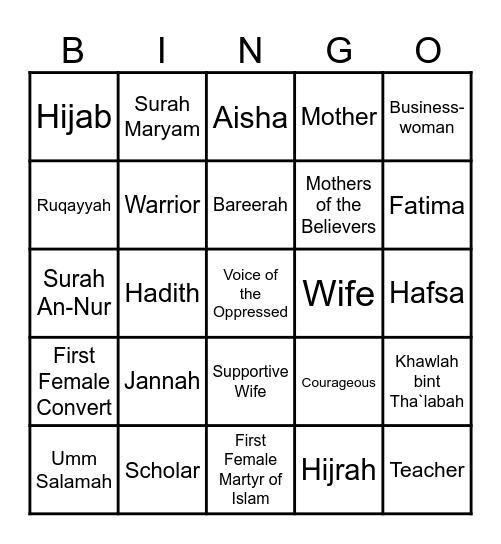 Women in Islam: Sahabiyyat Bingo Card