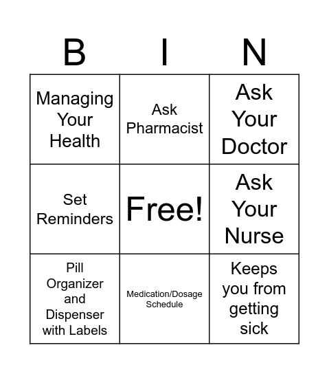 Take Your Medications Bingo Card