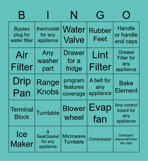 Appliance Bingo Card