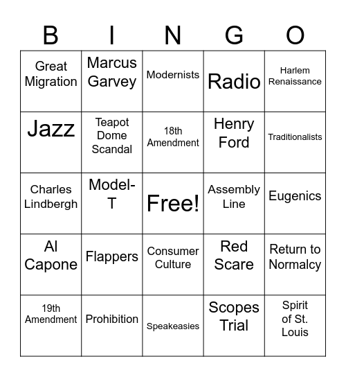 Roaring 20s Bingo Card