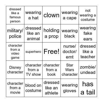 CMS Halloween Costume Scavenger Hunt Bingo Card