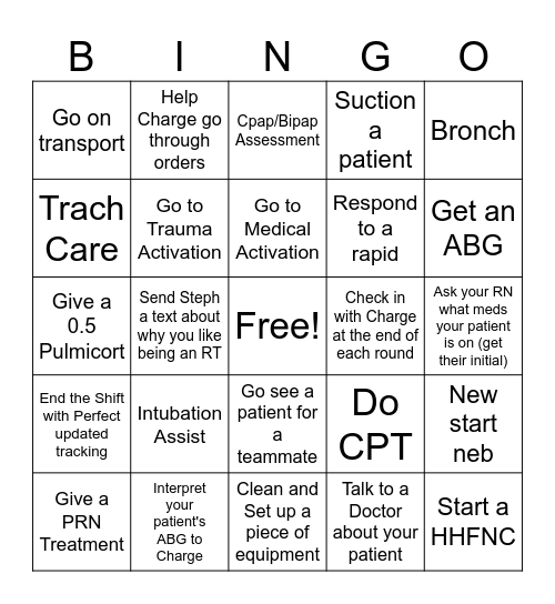 RT Shift Bingo Card