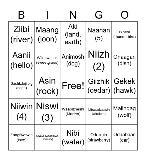Anishnawbemowin Bingo Card