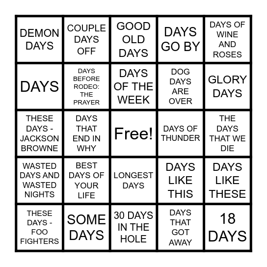 DAYS Bingo Card