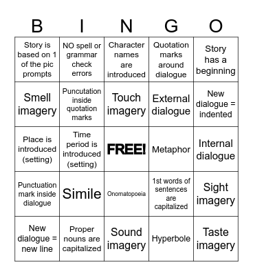 Narrative Self-Assessment Bingo Card