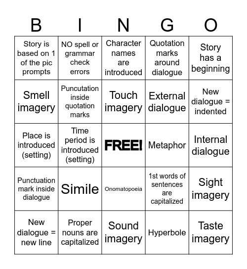 Narrative Self-Assessment Bingo Card