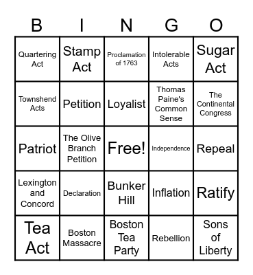 American Revolution Bingo Card