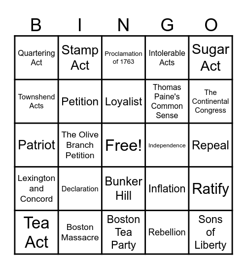 American Revolution Bingo Card