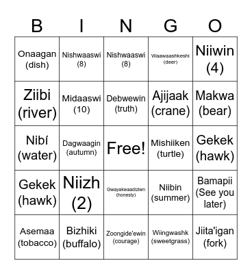 Anishinaabemowin Bingo Card