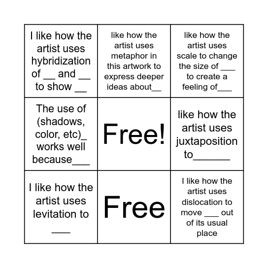 Surrealism Critique Bingo Card