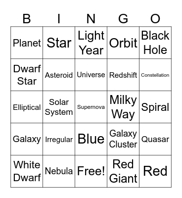 Astronomy Bingo Card