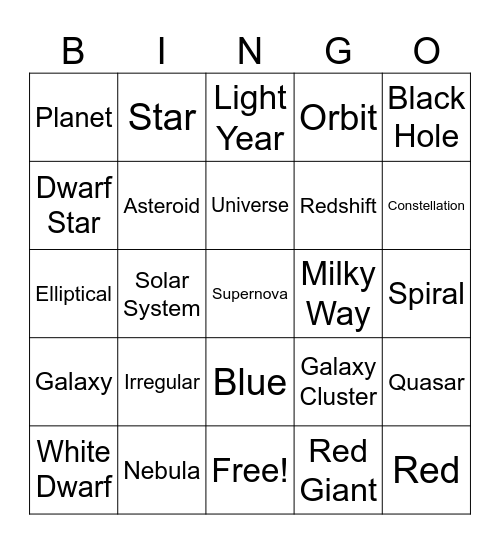 Astronomy Bingo Card