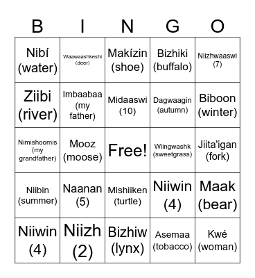 Anishnawbemowin Bingo Card