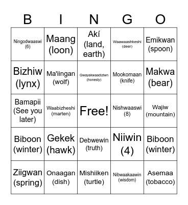 Anishinaabemowin Bingo Card