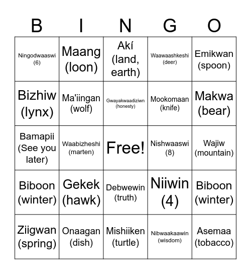 Anishinaabemowin Bingo Card