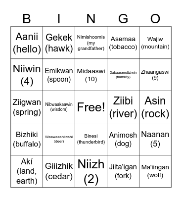 Anishinaabemowin Bingo Card