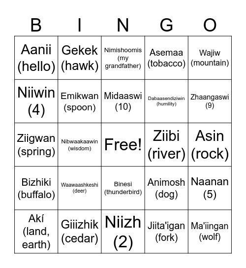 Anishinaabemowin Bingo Card
