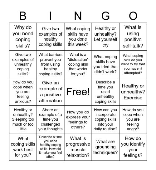 Coping Skills Bingo Card