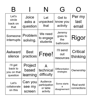Project based learning Bingo Card