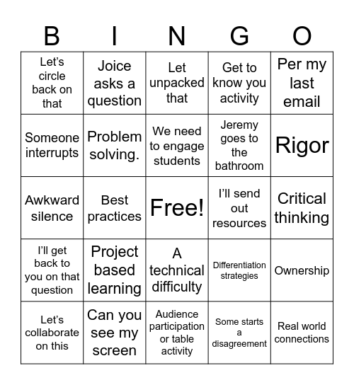 Project based learning Bingo Card